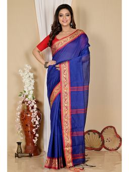 DipDiya - Women Nova Blue Pure Cotton Traditional Bengali Saree without Blouse