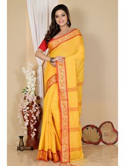 DipDiya - Women Nova Yellow Pure Cotton Traditional Bengali Saree without Blouse