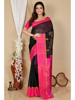 DipDiya - Women Kakin Black Cotton Silk Bengali Handloom Saree with Unstitched Blouse