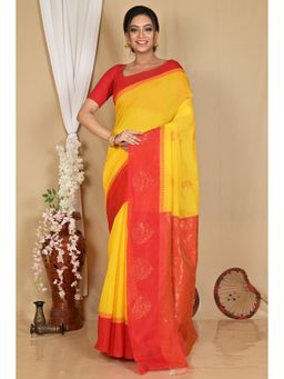 DipDiya - Women Kakin Yellow Red Cotton Silk Bengali Saree with Unstitched Blouse