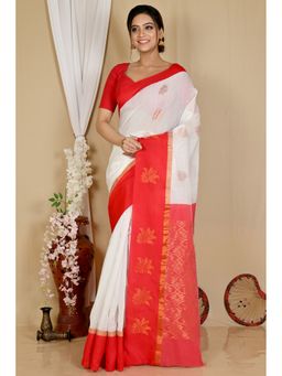 DipDiya - Women Kakin White Red Cotton Silk Bengali Saree with Unstitched Blouse