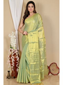 DipDiya - Women Tisuka Than Green Cotton Silk Bengali Saree with Unstitched Blouse