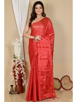 DipDiya - Women Tisuka Than Red Cotton Silk Bengali Saree with Unstitched Blouse
