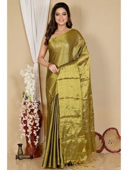 DipDiya - Women Tisuka Than Olive Cotton Silk Bengali Saree with Unstitched Blouse