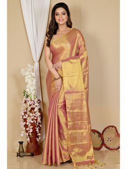 DipDiya - Women Tisuka Than Golden Cotton Silk Bengali Saree with Unstitched Blouse