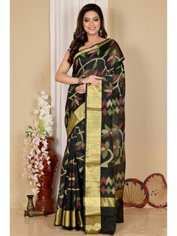 DipDiya - Women Narento Black Blended Cotton Bengali Saree with Unstitched Blouse