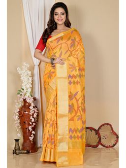 DipDiya - Women Narento Yellow Blended Cotton Bengali Saree with Unstitched Blouse