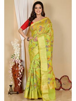 DipDiya - Women Narento Green Blended Cotton Bengali Saree with Unstitched Blouse