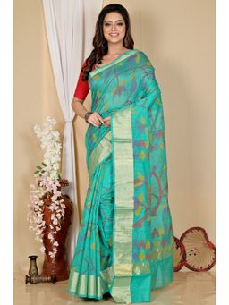 DipDiya - Women Narento Teal Blended Cotton Bengali Saree with Unstitched Blouse