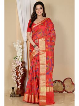 DipDiya - Women Narento Red Blended Cotton Bengali Saree with Unstitched Blouse