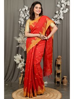 DipDiya - Women Daypi Red Cotton Blend Bengali Handloom Saree without Blouse