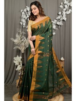 DipDiya - Women Daypi Dark Green Cotton Blend Bengali Handloom Saree without Blouse
