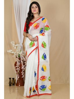 DipDiya - Women Aplika White Blended Cotton Bengali Applique Saree without Blouse