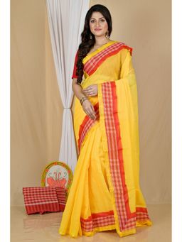 DipDiya - Women Aplika Yellow Blended Cotton Bengali Saree without Blouse