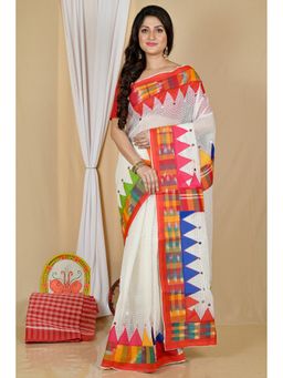 DipDiya - Women Aplika White Blended Cotton Bengali Applique Saree without Blouse
