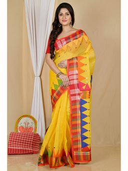 DipDiya - Women Aplika Yellow Blended Cotton Bengali Applique Saree without Blouse