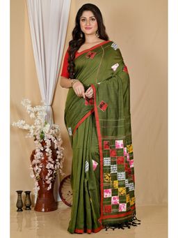 DipDiya - Women Aplika Tanu Green Pure Cotton Bengali Applique Saree without Blouse