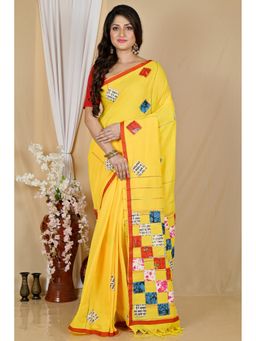 DipDiya - Women Aplika Tanu Yellow Pure Cotton Bengali Applique Saree without Blouse