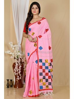 DipDiya - Women Aplika Tanu Pink Pure Cotton Bengali Applique Saree without Blouse