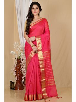DipDiya - Women Sikra Rani Pink Cotton Silk Bengali Saree with Unstitched Blouse
