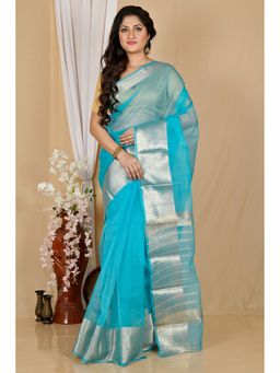 DipDiya - Women Sikto Sky Blue Blended Cotton Bengali Saree with Unstitched Blouse