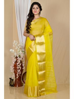 DipDiya - Women Sikto Yellow Blended Cotton Bengali Saree with Unstitched Blouse