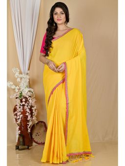 DipDiya - Women Thanli Yellow Pure Cotton Bengali Handloom Saree without Blouse