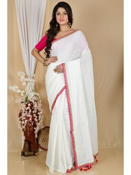 DipDiya - Women Thanli White Pure Cotton Bengali Handloom Saree without Blouse