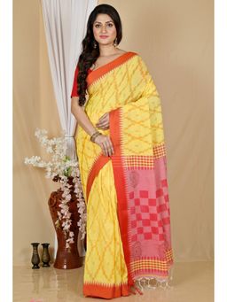 DipDiya - Women Seuma Yellow Pure Cotton Bengali Saree with Unstitched Blouse