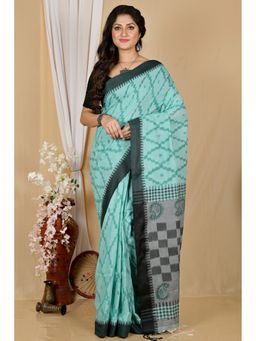 DipDiya - Women Seuma Aqua Pure Cotton Bengali Saree with Unstitched Blouse