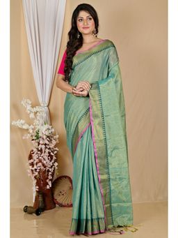 DipDiya - Women Tisuka Par Green Cotton Silk Bengali Saree with Unstitched Blouse