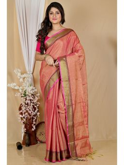 DipDiya - Women Tisuka Par Peach Cotton Silk Bengali Saree with Unstitched Blouse