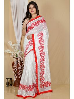 DipDiya - Women Borma White Pure Cotton Bengali Handloom Saree with Unstitched Blouse