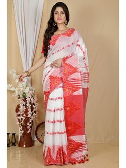 DipDiya - Women Borma White Pure Cotton Bengali Handloom Saree with Unstitched Blouse