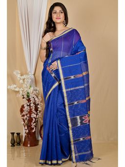 DipDiya - Women Setori Navy Blue Blended Cotton Bengali Saree with Unstitched Blouse