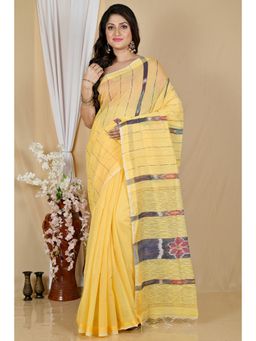 DipDiya - Women Setori Yellow Blended Cotton Bengali Saree with Unstitched Blouse
