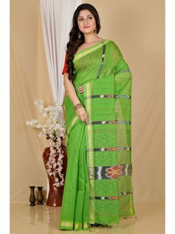 DipDiya - Women Setori Green Blended Cotton Bengali Saree with Unstitched Blouse