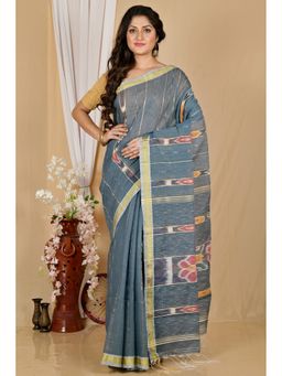 DipDiya - Women Setori Grey Blended Cotton Bengali Saree with Unstitched Blouse