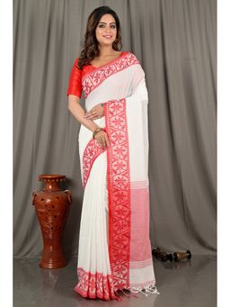 DipDiya - Women Borma White Pure Cotton Bengali Handloom Saree with Unstitched Blouse
