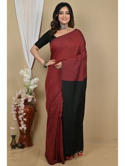 DipDiya - Women ThanKhaditu Maroon Pure Cotton Bengali Saree with Unstitched Blouse