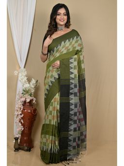DipDiya - Women Hiran Green Pure Cotton Bengali Handloom Saree with Unstitched Blouse
