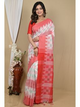 DipDiya - Women Hiran Red Pure Cotton Bengali Handloom Saree with Unstitched Blouse