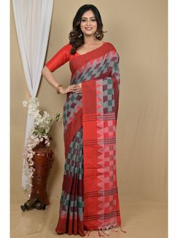 DipDiya - Women Hiran Red Pure Cotton Bengali Handloom Saree with Unstitched Blouse