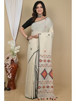DipDiya - Women Hitaashi Cream Pure Cotton Bengali Saree with Unstitched Blouse