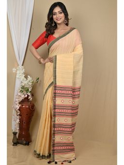 DipDiya - Women Hima Cream Pure Cotton Bengali Handloom Saree with Unstitched Blouse