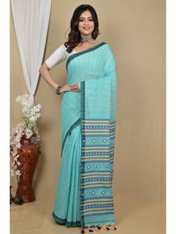 DipDiya - Women Hima Blue Pure Cotton Bengali Handloom Saree with Unstitched Blouse