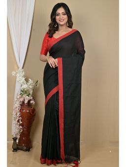 DipDiya - Women Gittu Black Pure Cotton Bengali Saree with Unstitched Blouse