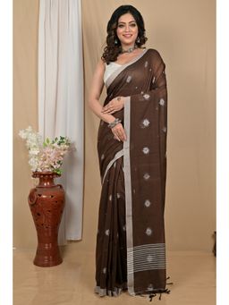 DipDiya - Women Achbu Dark Brown Pure Cotton Saree with Unstitched Blouse
