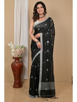 DipDiya - Women Achbu Black Pure Cotton Bengali Saree with Unstitched Blouse