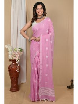 DipDiya - Women Achbu Pastel Pink Pure Cotton Bengali Saree with Unstitched Blouse